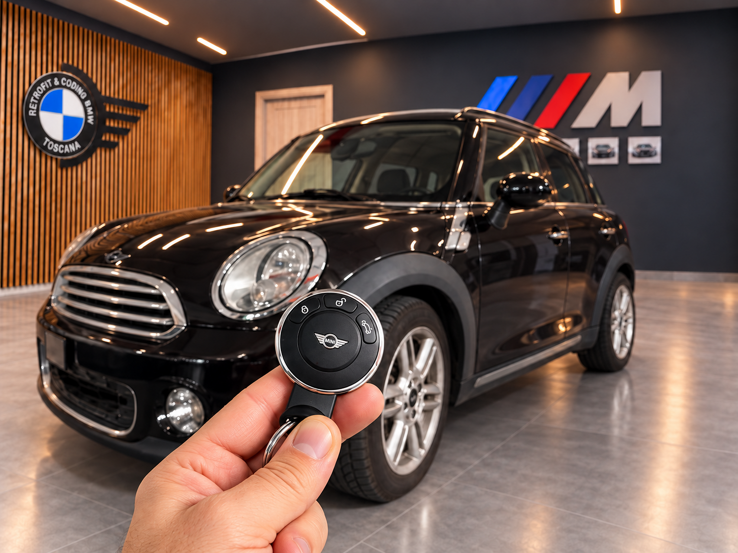 Chiave MINI con auto MINI in officina